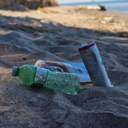 A plastic bottle, an aluminum can and a food wrapper left as litter in the sand at Hanlan's Point Beach.